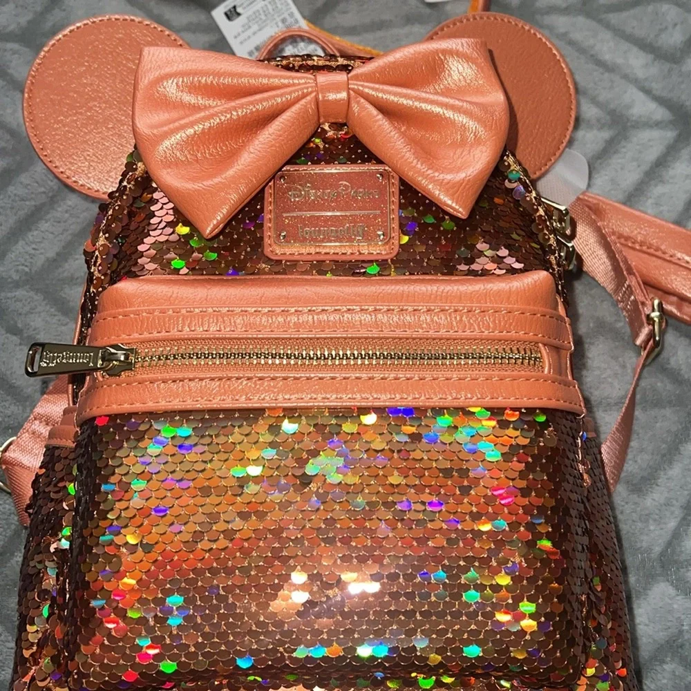 Disney Parks Loungefly Minnie Mouse Sequined Apricot Crush Backpack and Ears - Picture 2 of 8